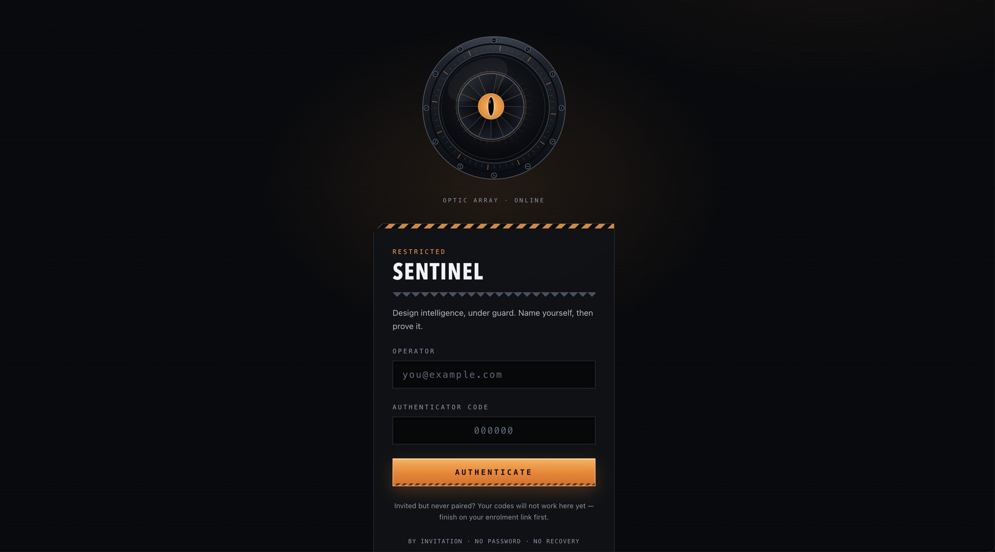Sentinel sign-in screen: a glowing optic emblem above a restricted, invite-only operator login.